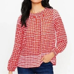 Loft. Pink Heart Print Ruffle Cuff Long Sleeve Smocked Blouse